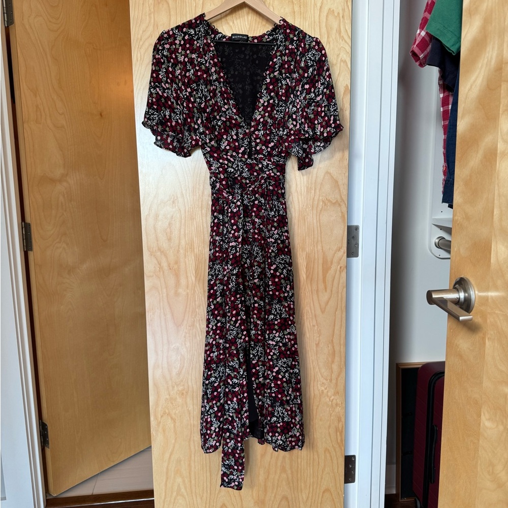 NICHOLAS Black and Red Floral Midi Dress